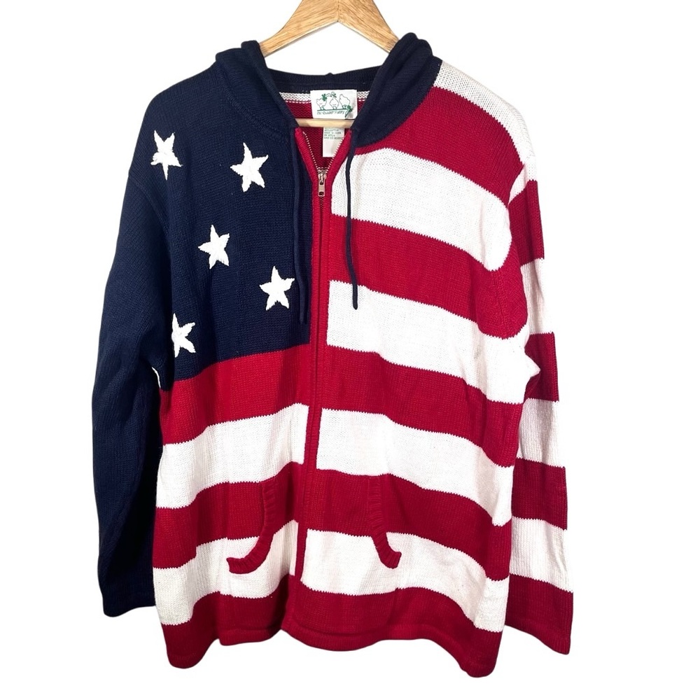 Vintage Quacker Factory American Flag Zip Up Sweater with Hoodie Size 1X